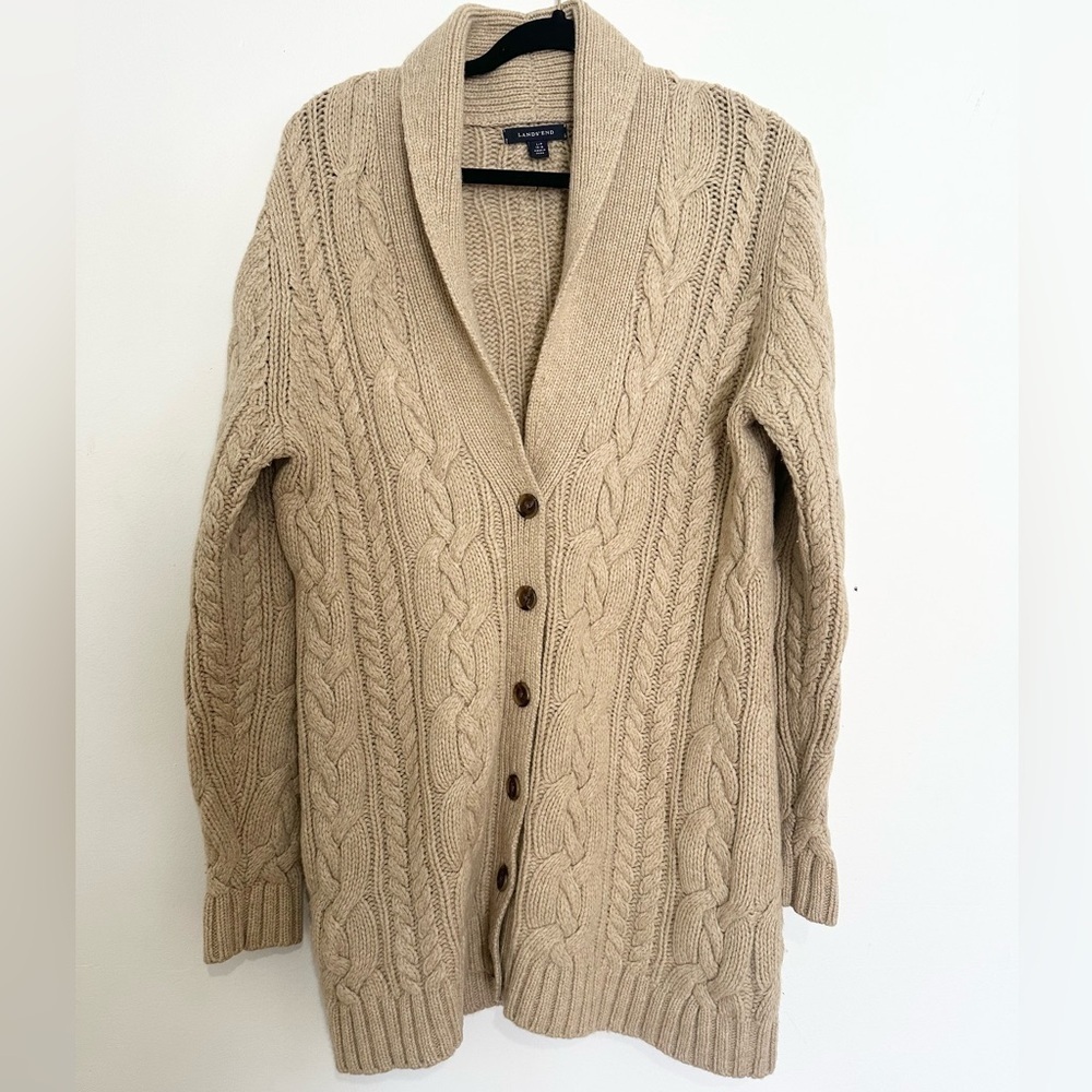LandsEnd tan cable knit thick heavy cardigan modest winter fisherman Size LP